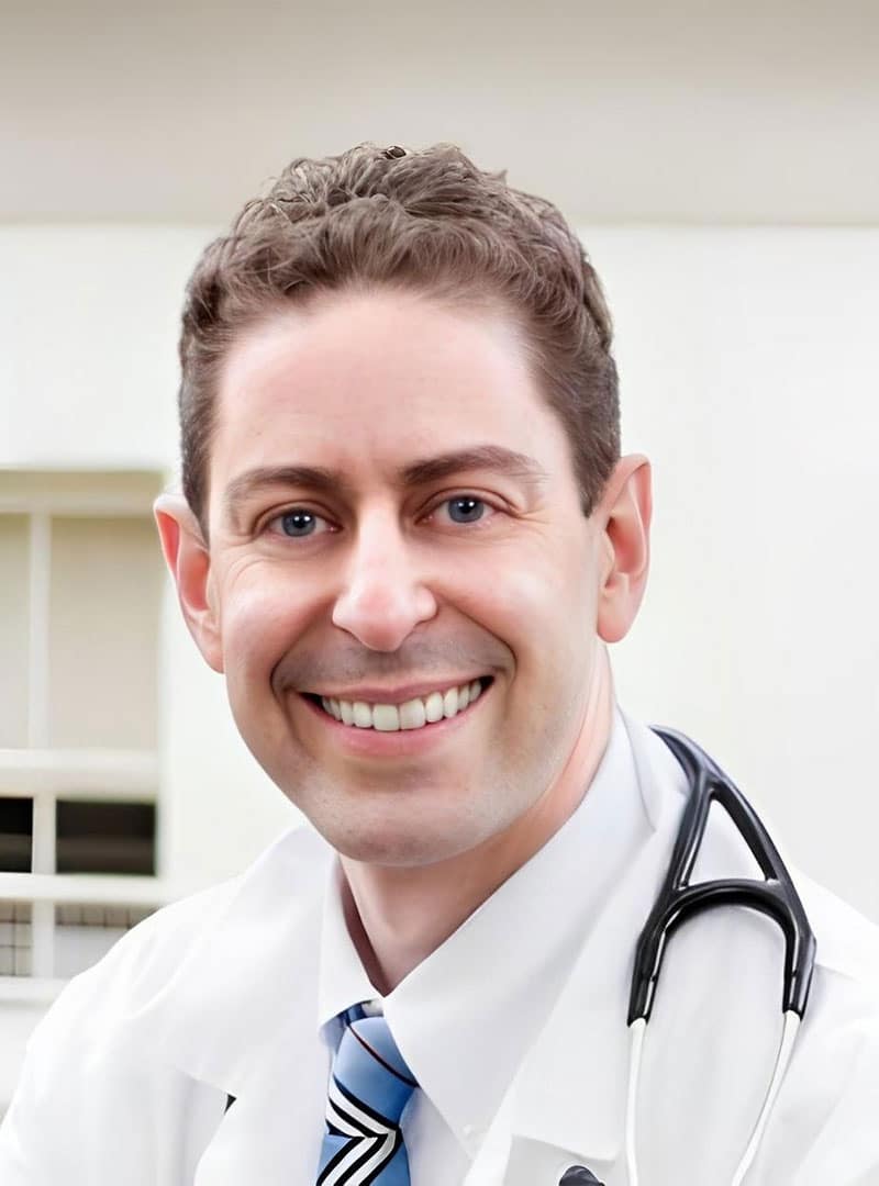 A smiling veterinarian wearing a white coat and stethoscope, with short brown hair, stands in a bright medical office.