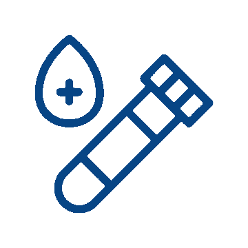 An icon of a test tube next to a droplet with a plus sign inside, representing blood testing or medical laboratory analysis for veterinarians or vet clinics.