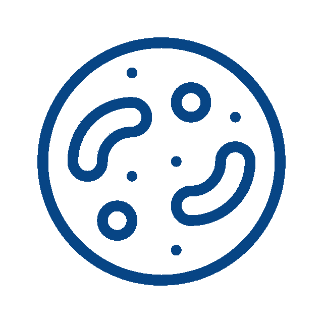 A simple blue line drawing of a petri dish containing several abstract shapes representing bacteria or microorganisms, seen from above on a white background—perfect for a veterinarian or vet-themed design.