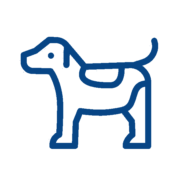 A simple blue line drawing of a dog, shown in profile facing left, with its tail raised and a visible ear—perfect for a vet clinic or veterinarian-themed design.