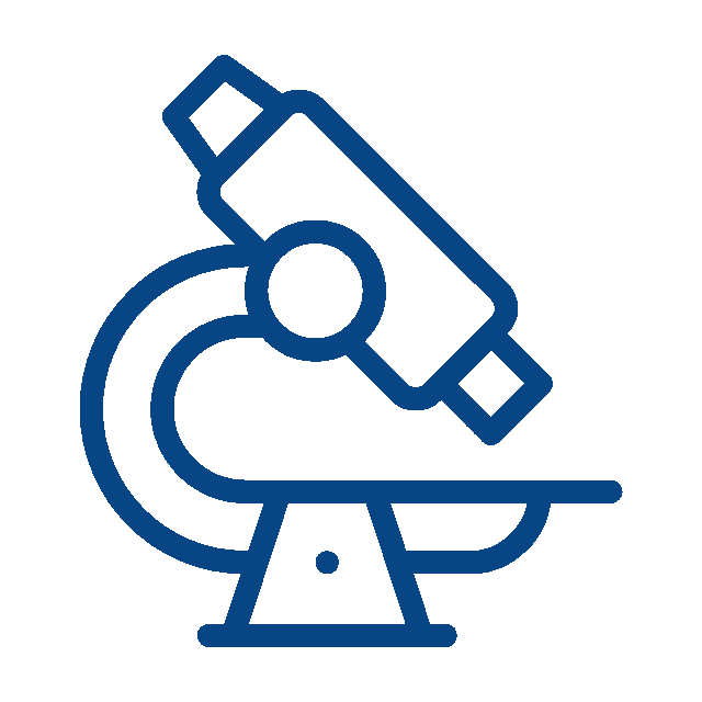 Blue line drawing of a microscope, shown from the side, symbolizing veterinary scientific research or laboratory work performed by a vet or veterinarian, on a white background.