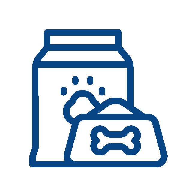 Blue outline icon of a pet food bag with a paw print, next to a food bowl featuring a bone symbol, representing veterinarian-approved dog food or pet supplies.