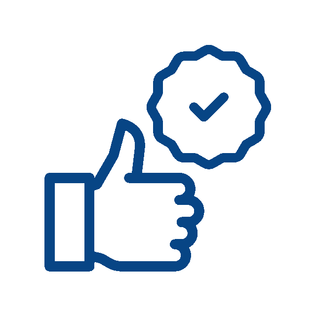 Blue line drawing of a hand giving a thumbs up next to a circle with a checkmark inside, symbolizing approval or verified status—perfect for vet or veterinarian certifications.