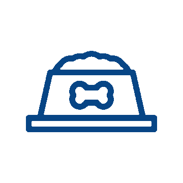 Blue outline icon of a pet food bowl filled with food. The bowl, marked with a bone symbol for dogs, suggests veterinarian-approved nutrition for your pet.