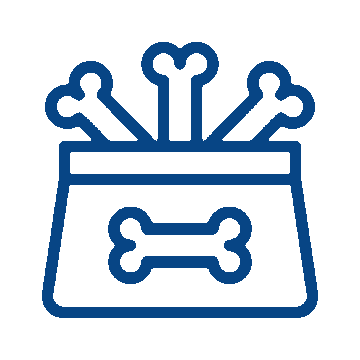 A simple blue outline of a dog treat bag with a bone symbol on it, containing several bone-shaped treats sticking out from the top—perfect for vet visits or veterinarian-recommended rewards.