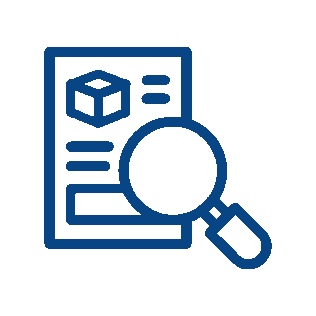 Blue line icon of a document with a cube symbol and text lines, viewed through a magnifying glass, representing a veterinarian’s inspection or review of product information.