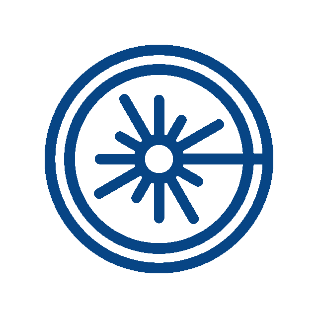 Blue line icon of a simplified laser beam: a central circle with lines radiating outward and a beam extending right, all enclosed by two concentric circles—perfect for illustrating advanced vet or veterinarian technology on a white background.