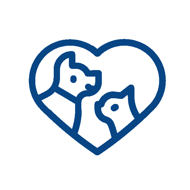Blue outline icon of a dog and a cat facing each other, both enclosed within a heart shape, symbolizing veterinarian care, on a white background.