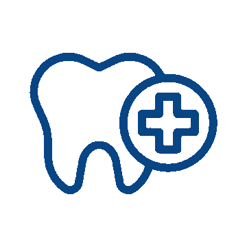 A blue outline of a tooth with a medical cross symbol in a circle overlapping the right side, representing dental or veterinarian oral health services.
