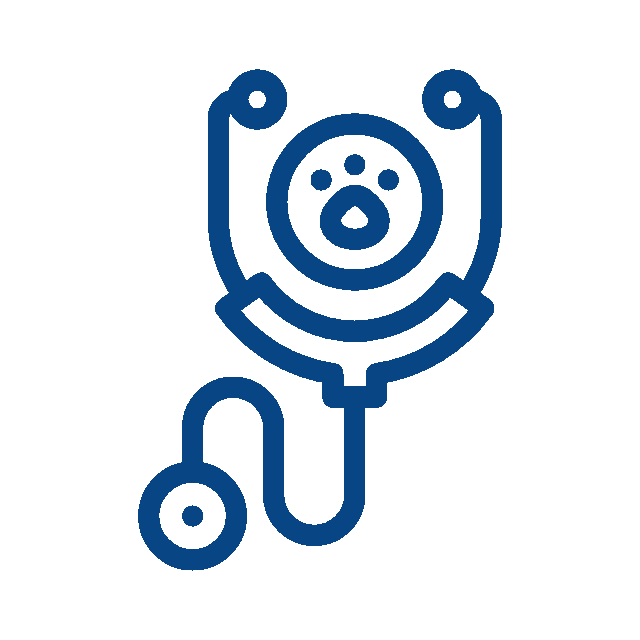 Blue line drawing of a stethoscope with the chest piece designed to resemble a dog's face, symbolizing veterinary care or services provided by a vet.