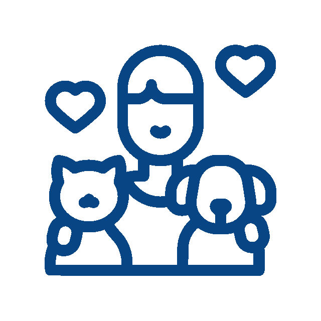 Line drawing of a person smiling with a cat on one side and a dog on the other, surrounded by three floating heart shapes, evoking the caring touch of a veterinarian and their love for pets.