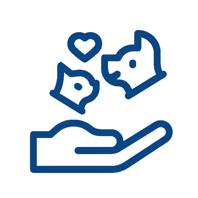 Blue line art icon of a hand supporting a cat, a dog, and a heart, symbolizing veterinary care, animal welfare, or support for animals—a perfect fit for any veterinarian or vet-related service.
