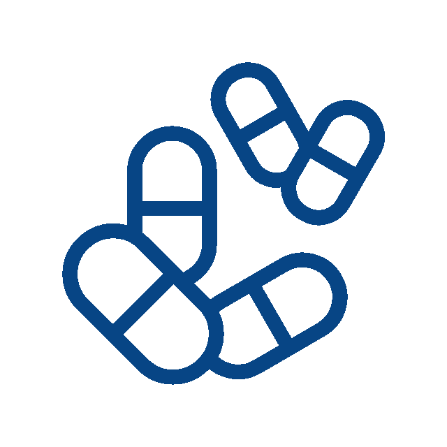 Simple blue line drawing of four capsules or pills arranged in a scattered pattern on a white background, often used by vets or veterinarians.