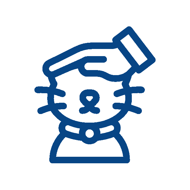 Blue line drawing of a hand gently petting a cat's head; the cat, with whiskers and a collar, wears a content expression—perfect for illustrating the gentle care of a veterinarian or loving vet visit.