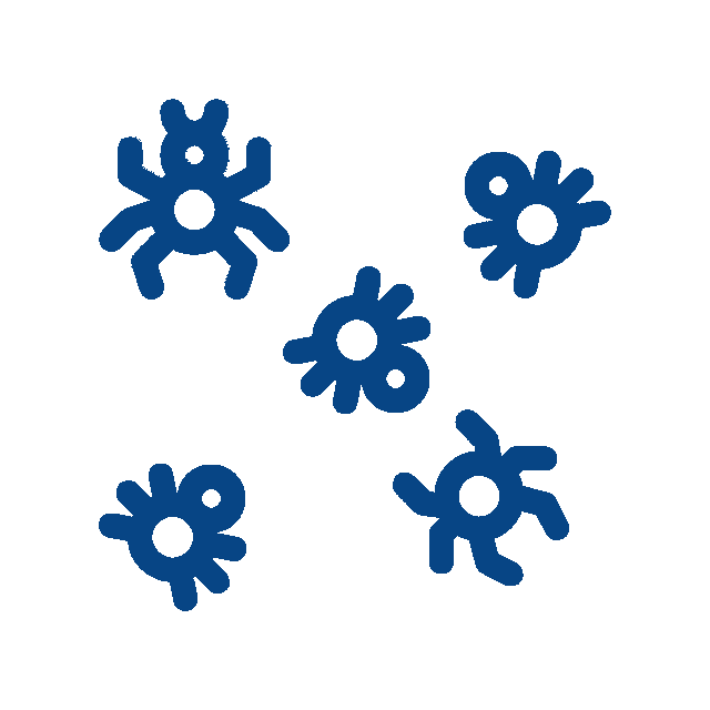 Simple blue line drawings of five stylized bugs with round bodies and multiple legs, arranged randomly on a white background—a playful design perfect for a vet clinic or veterinarian-themed materials.
