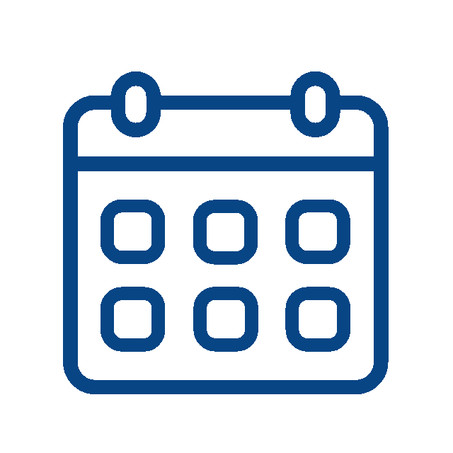 Blue outline icon of a calendar with two rings at the top and a grid of six squares representing days or dates, perfect for scheduling your next veterinarian appointment, on a white background.