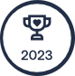 A dark blue outline of a trophy with a heart in the center, enclosed in a circle, with "2023" written below it—perfect for honoring your favorite veterinarian or vet.