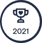 A dark blue trophy with a heart on it, symbolizing veterinary excellence, is centered inside a circular border, with "2021" written below the trophy.