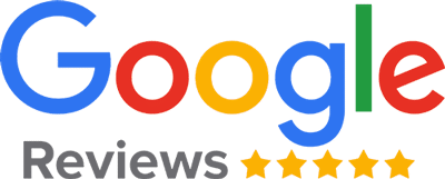 Google Reviews logo with the word "Google" in colorful letters above "Reviews" in gray, followed by five yellow stars indicating a five-star veterinarian or vet rating.