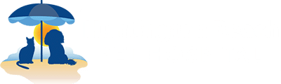 A graphic logo for Huntington Beach Pet Hospital shows a cat and a dog sitting on a beach under an umbrella with the sun in the background, highlighting expert veterinarian care. The text "Huntington Beach Pet Hospital" appears to the right of the image.