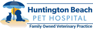 Logo for Huntington Beach Pet Hospital featuring a silhouette of a cat and dog sitting under a blue umbrella with a sun in the background, with "Family Owned Veterinarian Practice" below.
