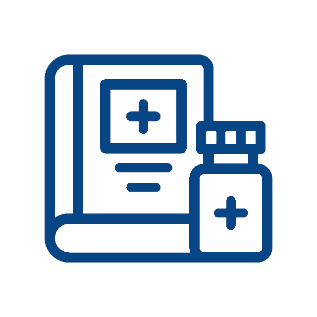 Blue line icon of a medical book with a cross on the cover next to a vet medicine bottle, both featuring medical cross symbols, on a white background.
