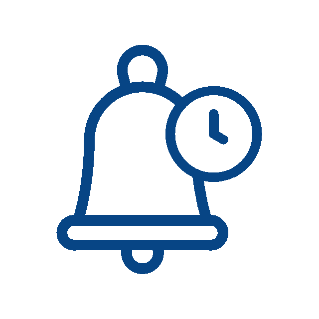 A blue outline of a bell with a small clock icon overlapping its top right side, symbolizing a veterinarian reminder or notification with a scheduled time.
