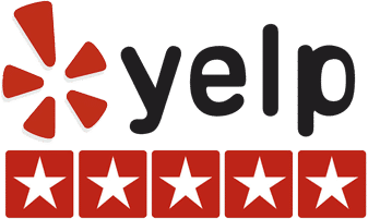 Yelp logo with five star rating display