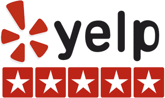 Yelp logo with five star rating display