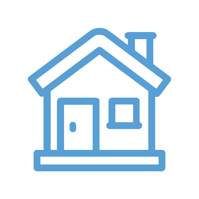 Blue house icon with door, window and chimney